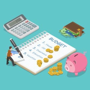 Calculator, Wallet, Piggy bank, and Budget.