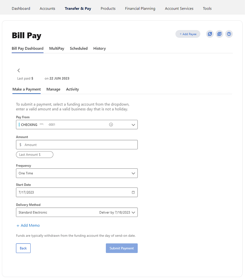 Make a Payment screen